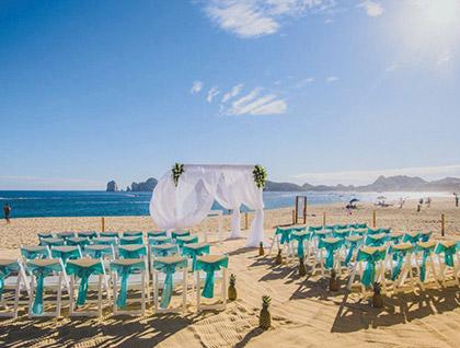 Wedding ceremony set-up on the beach at Hotel Riu Palace Baja California