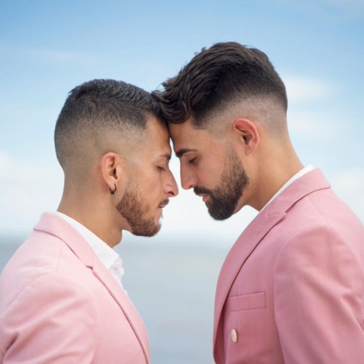 Two men in light pink formalwear sharing a tender moment on their wedding day, with a soft blue sky and blurred ocean background.