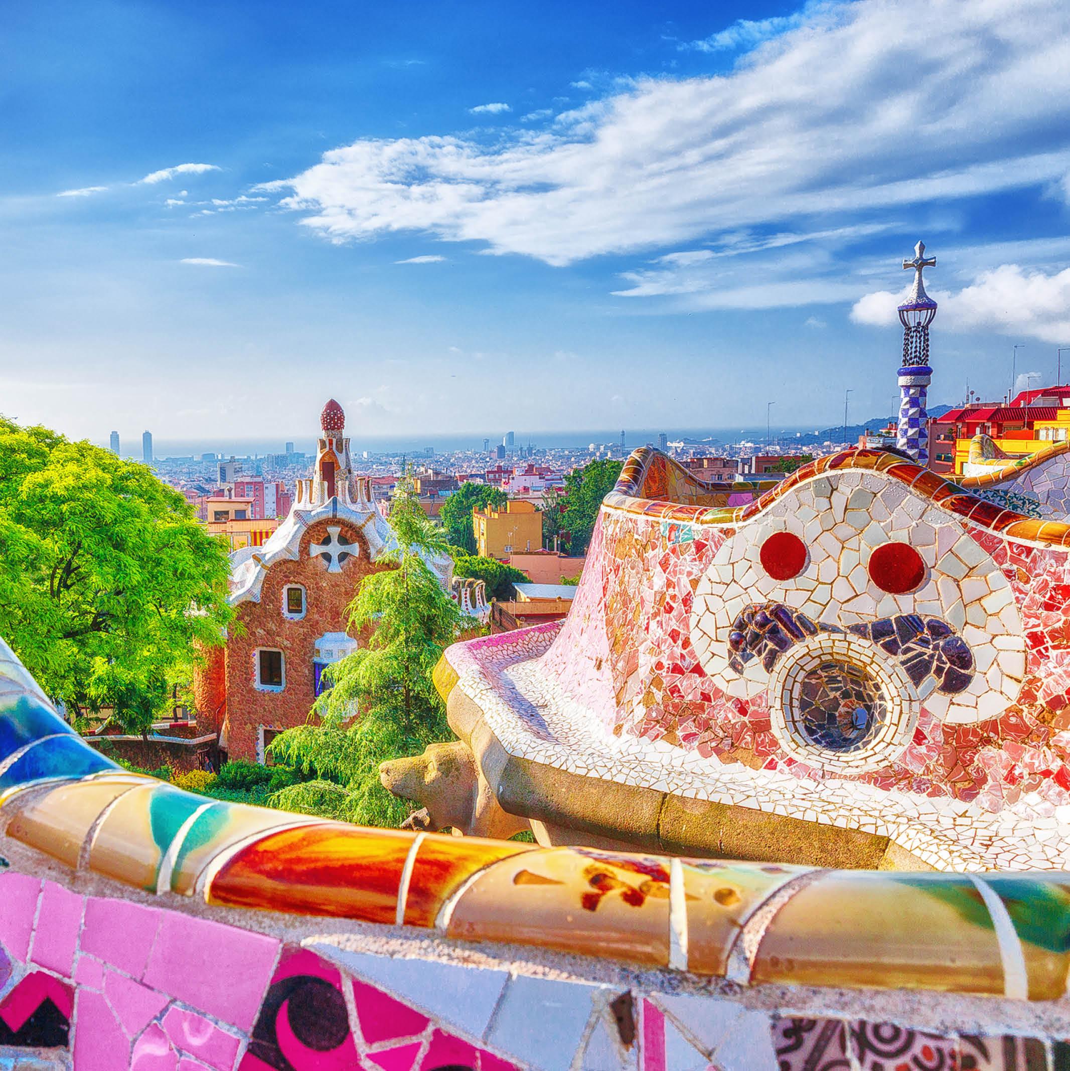 Colorful tiles seen at Park Güell in Barcelona, Spain