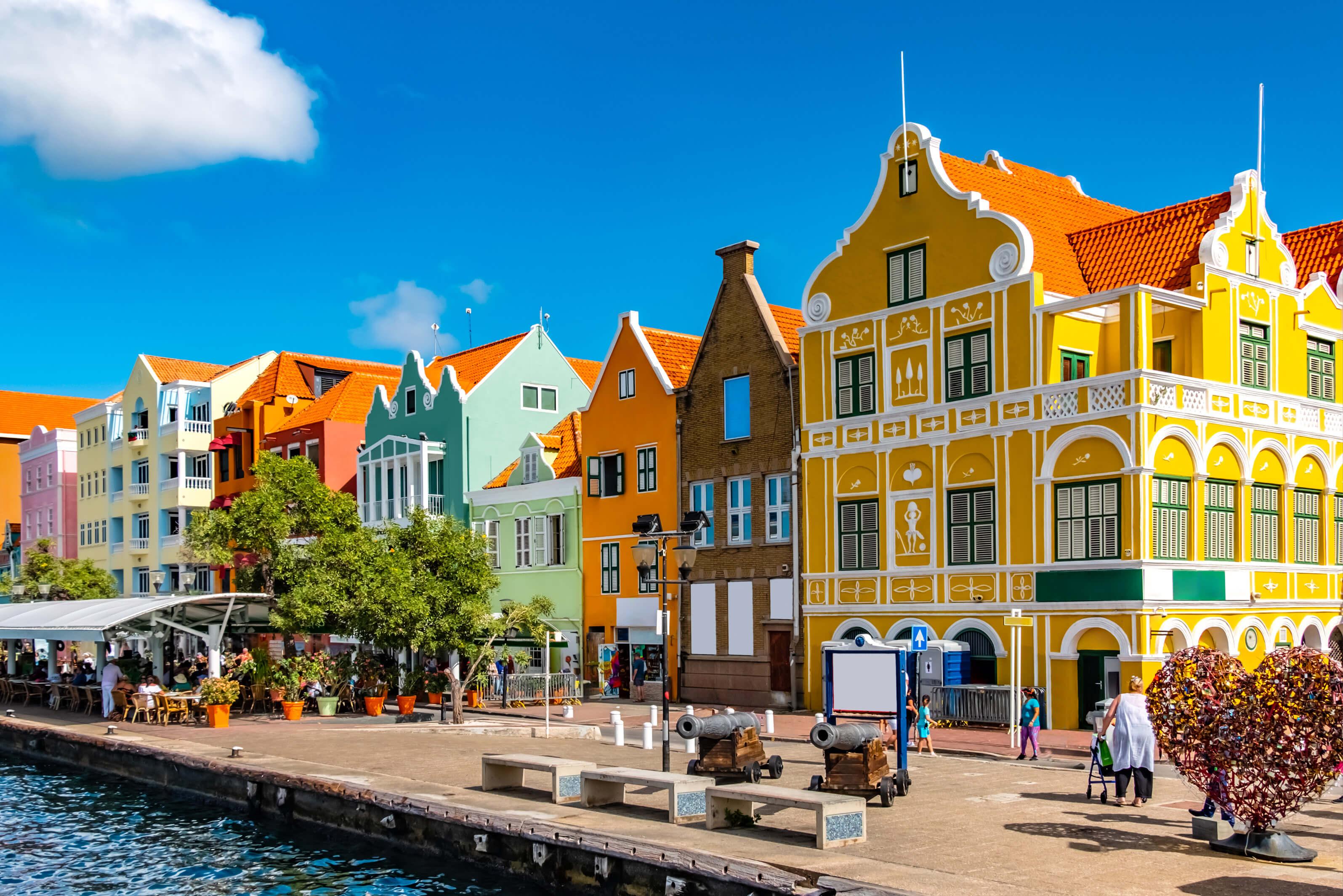 Colorful buildings line the waterfront of Willemstad, the vibrant capital of Curacao, showcasing Dutch colonial architecture