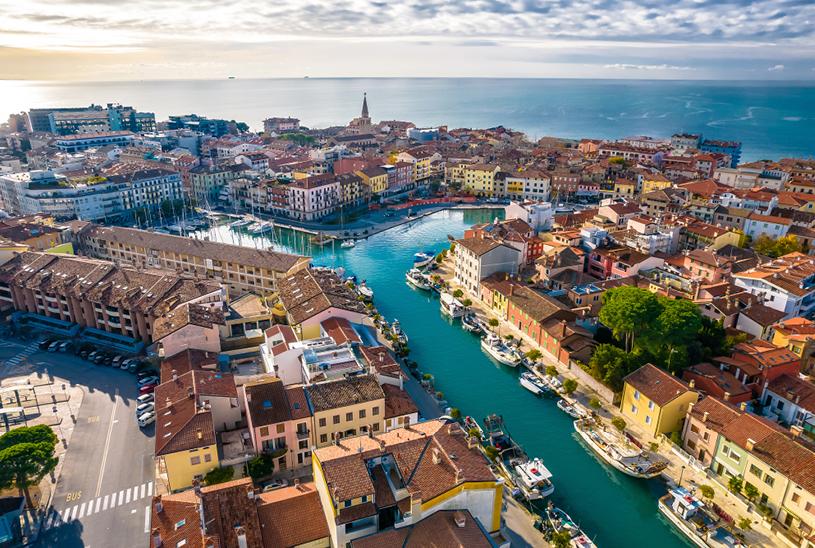 Aerial view of Venice, Italy, showcasing its iconic canals, bridges, and historic architecture
